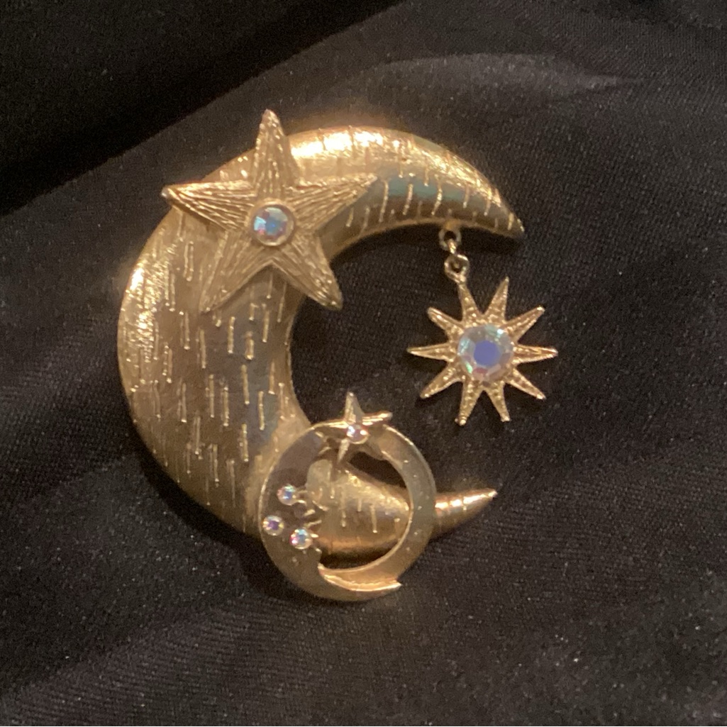 Gold-Tone Celestial Moon & Star Brooch With Rhinestones